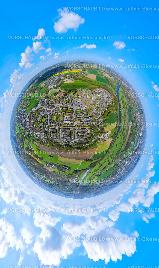 Hattingen230490826Niederwenigern | Luftbild, Ortsansicht Niederwenigern, Burgaltendorfer Straße, Wohnen und Leben, Erdkugel, Fisheye Aufnahme, Fischaugen Aufnahme, 360 Grad Aufnahme, Niederwenigern, Hattingen, Ruhrgebiet, Nordrhein-Westfalen, Deutschland