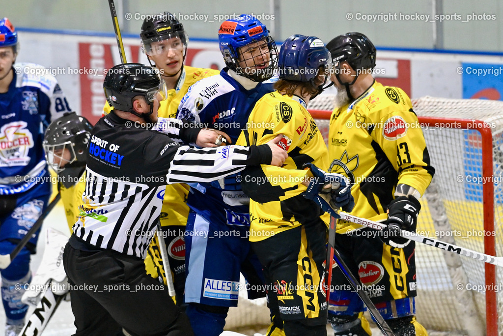 ESC Steindorf vs. EC Hornets Spittal 20.2.2024 | Wucherer Gerald Referee, #88 Zauchner Daniel EC Hornets Spittal, #21 Steiner Moritz ESC Steindorf, #10 Ortner Philipp EC Hornets Spittal, #33 Kabas Michael EC Hornets Spittal, ESC Steindorf vs. EC Hornets Spittal 20.2.2024, ESC Steindorf vs. EC Hornets Spittal 20.2.2024 am 20.02.2024 in Steindorf (Ossiachersee Halle), Austria, (Photo by Bernd Stefan)
