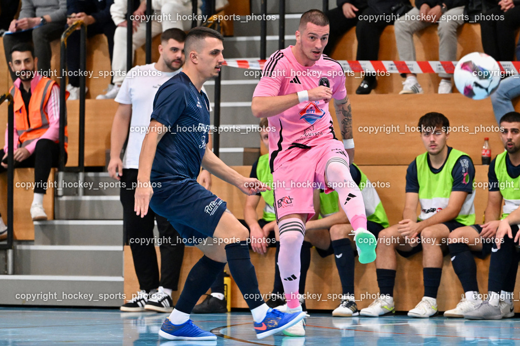 Carinthia Flamengo Futsal Club vs. LPSV-K | #5 Amir Beganovic LPSV-K, #24 Zoran Vukovic Carinthia Flamengo, Carinthia Flamengo Futsal Club vs. LPSV-K, Carinthia Flamengo Futsal Club vs. LPSV-K am 03.11.2024 in Klagenfurt (Ballspielhalle Viktring), Austria, (Photo by Bernd Stefan)