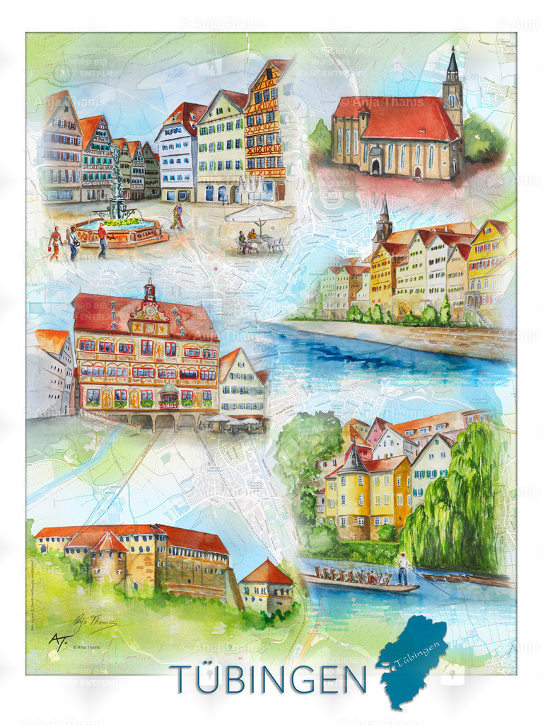 Stadtposter Tübingen | Dieses farbenfrohe Aquarell, gemalt auf der Landkarte von Tübingen, zeigt die schönsten Sehenswürdigkeiten dieser Stadt: Rathaus, Marktplatz, Hölderlinturm mit Stocherkahn, Neckar, Schloss Hohentübingen - Realisiert mit Pictrs.com