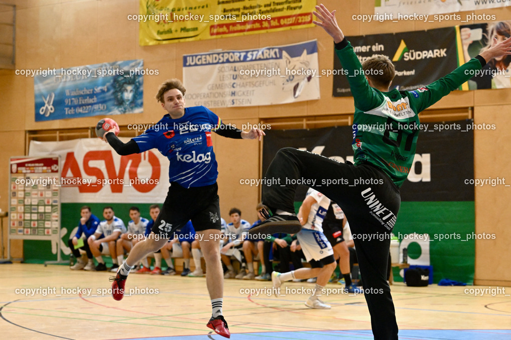 SC Ferlach vs. HC Linz AG 11.10.2023 | #25 LONER Florian SC Ferlach, #61 KAIPER Florian HC LINZ, SC Ferlach vs. HC Linz AG 11.10.2023, SC Ferlach vs. HC Linz AG am 11.10.2023 in Ferlach (Ballspielhalle Ferlach), Austria, (Photo by Bernd Stefan)