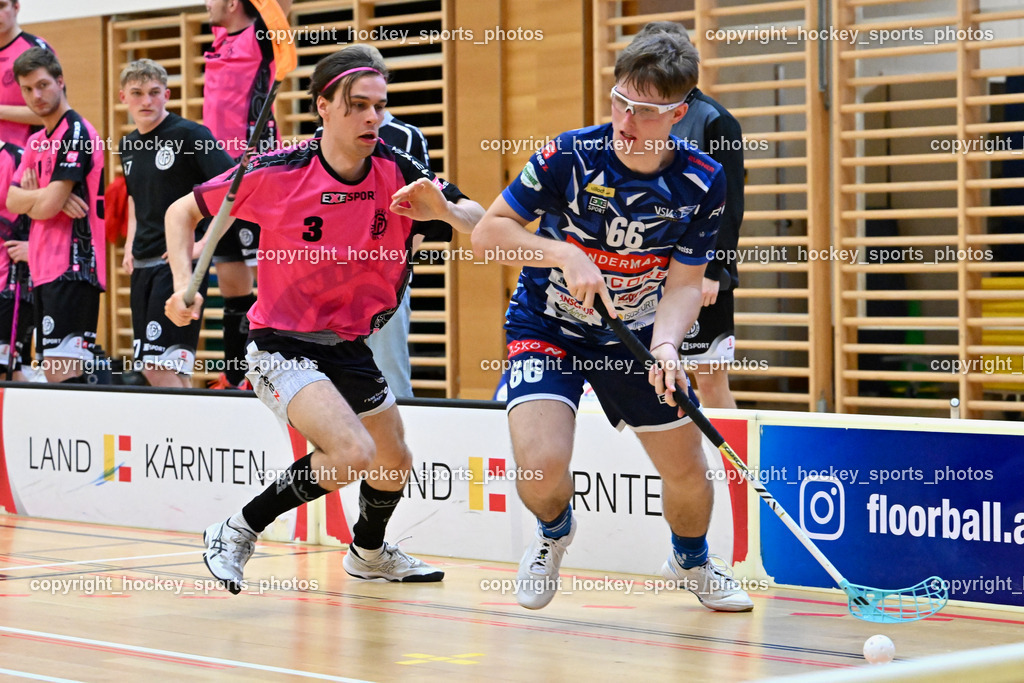 VSV Unihockey vs. Wiener Floorballferein 6.4.2024 | #3 Jesse Laukkanen Wiener Floorballverein, #66 Jakob Rainer VSV Unihockey, VSV Unihockey vs. Wiener Floorballferein 6.4.2024, VSV Unihockey vs. Wiener Floorballferein  am 06.04.2024 in Villach (Ballspielhalle St. Martin), Austria, (Photo by Bernd Stefan)