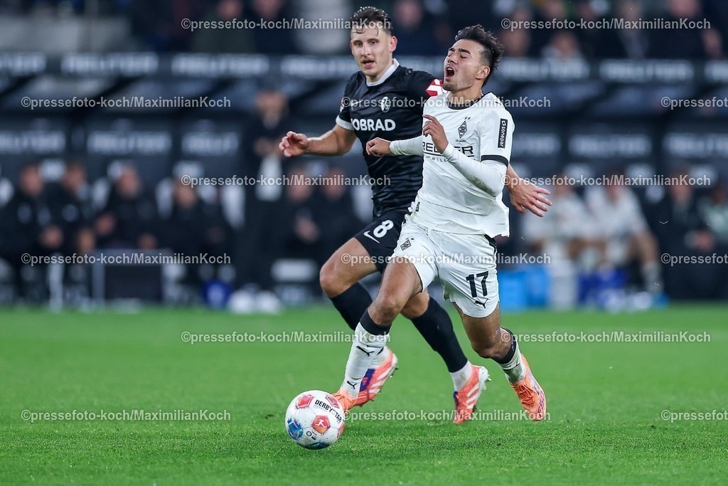BMG05102501087 | 05.10.2025, Fußball, Borussia Mönchengladbach - SC Freiburg, 1. Fußball Bundesliga, Borussia-Park, Saison 2025 2026: Jens Castrop&nbsp;(Borussia Mönchengladbach #17) im Zweikampf gegen  Maximilian Eggestein&nbsp;(SC Freiburg #08) DFB regulations prohibit any use of photographs as image sequences and or quasi-video.
