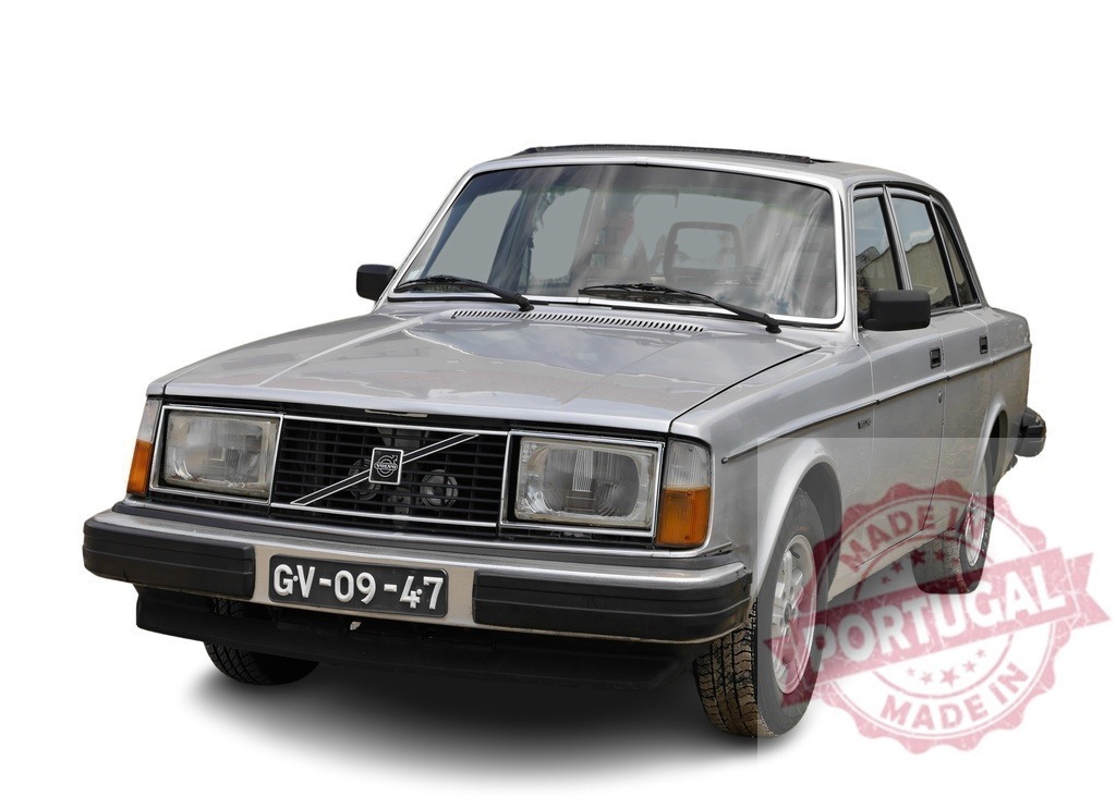 Silver Volvo 240 Gle posing in a studio with white background | Classic silver Volvo 240 Gle car parked in a studio with white background, showcasing its vintage charm - Realized with Pictrs.com