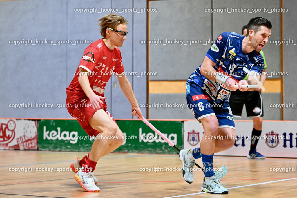 KAC Floorball vs. VSV Unihockey | #27 Valtteri Pernu KAC Floorball, #6 Timo Schmid VSV Unihockey, KAC Floorball vs. VSV Unihockey, KAC Floorball vs. VSV Unihockey am 21.03.2026 in Klagenfurt (Ballspielhalle Waidmannsdorf), Austria, (Photo by Bernd Stefan)