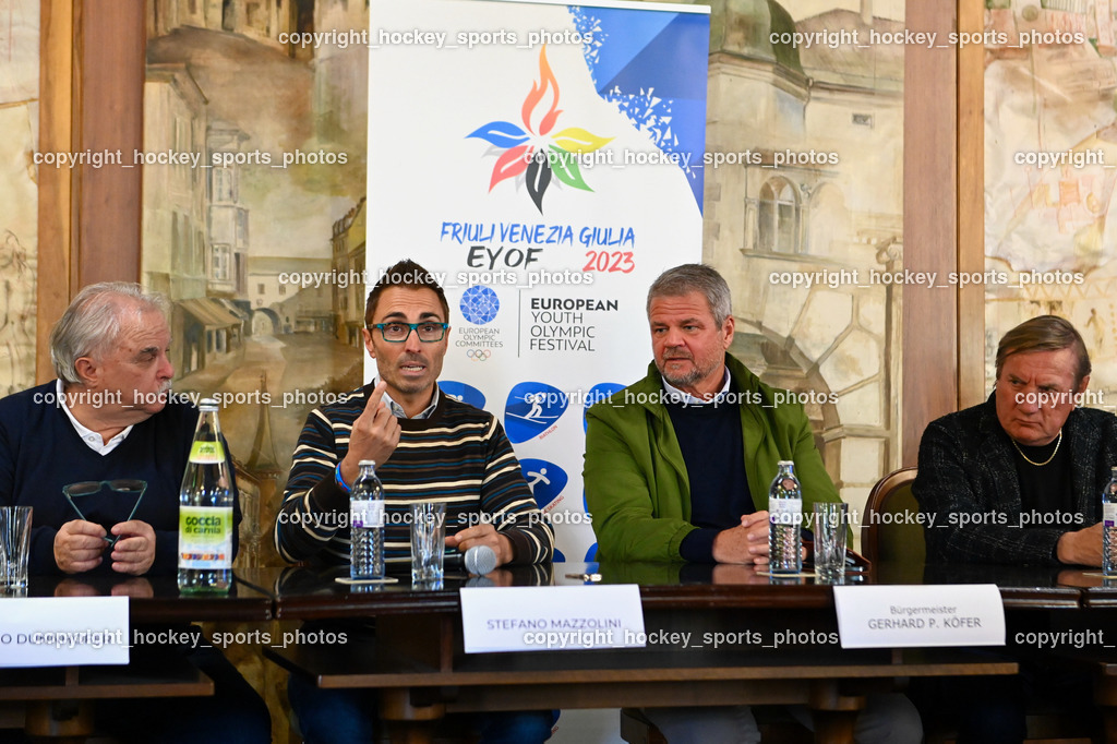 European Youth Olympic Festival EYOF 2023 Pressekonferenz | Maurizio Dunnhofer, Stefano Mazzolini, Bürgermeister Spittal an der Drau Gerhard Köfer, Giorgio Brandolin