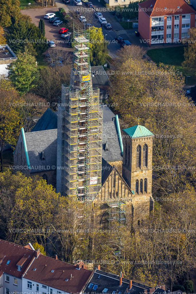 Herne221101193oestlich | Luftbild, Herz-Jesu-Kirche, Kirchturm Renovierung, Herne-Mitte, Herne, Ruhrgebiet, Nordrhein-Westfalen, Deutschland