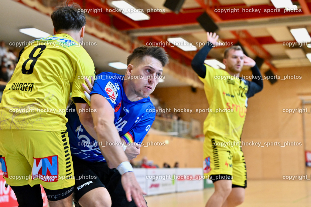 SC Ferlach vs. Bregenz Handball | #8 BURGER Sebastian Bregenz Handball, #24 JOVANOVIC Mladan SC Ferlach, SC Ferlach vs. Bregenz Handball, SC Ferlach vs. Bregenz Handball am 28.09.2024 in Ferlach (Ballspielhalle Ferlach), Austria, (Photo by Bernd Stefan)