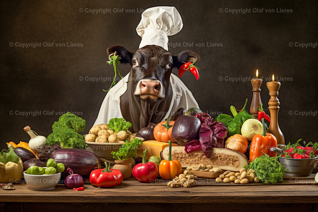 Kühe mit Gemüse | Kühe beim vegetarischem Kochen