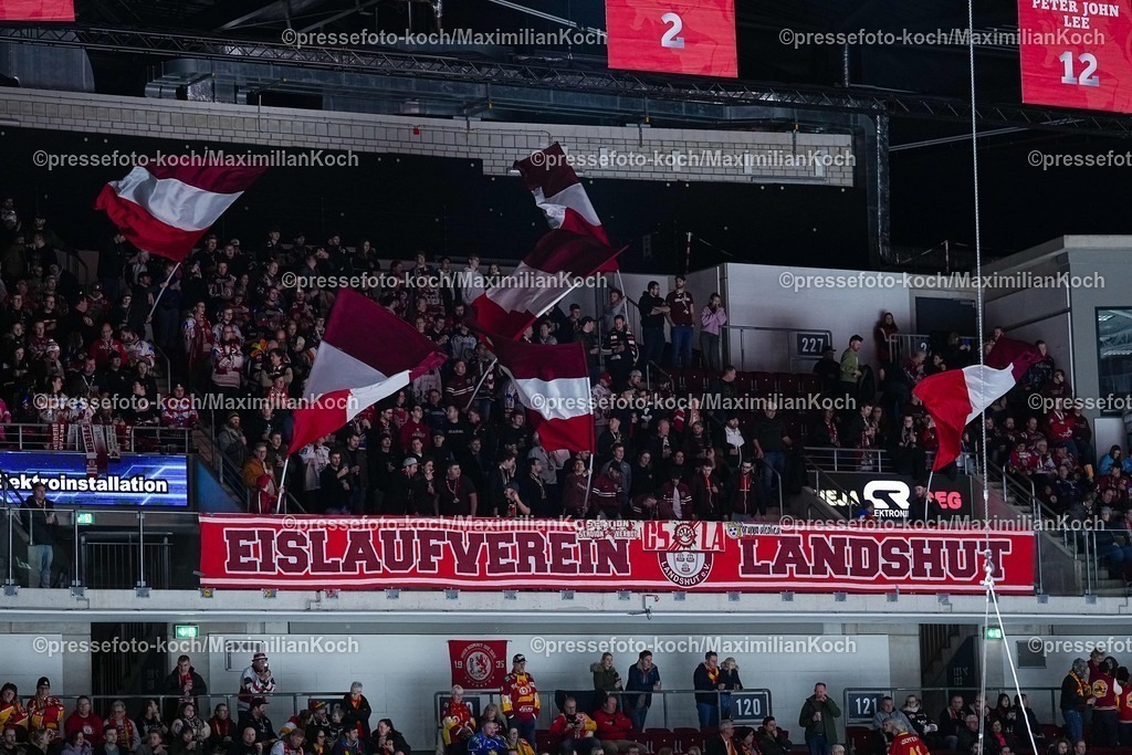 xYDRx20022601057 | 20.02.2026, xydrx, Eishockey, DEL2, Düsseldorfer EG - EV Landshut, PSD Bank Dome Düsseldorf: Auswärtsblock mit  Fans des EV Landshut, Fahnen werden geschwenkt   Photo: xYannisxDreimannxPressefotoKochx