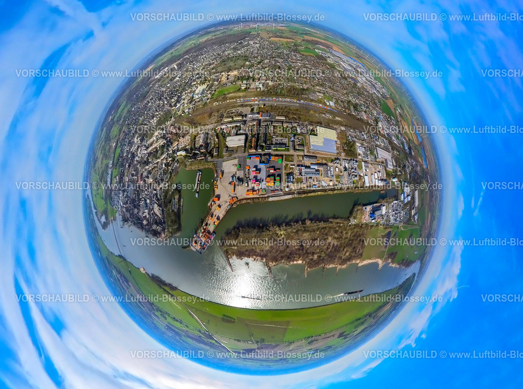 Emmerich240390143EmmericherHafen | Luftbild, Hafen Emmerich am Fluss Rhein, Gewerbegebiet, Erdkugel, Fisheye Aufnahme, Fischaugen Aufnahme, 360 Grad Aufnahme, tiny world, little planet, fisheye Bild, Emmerich, Emmerich am Rhein, Nordrhein-Westfalen, Deutschland