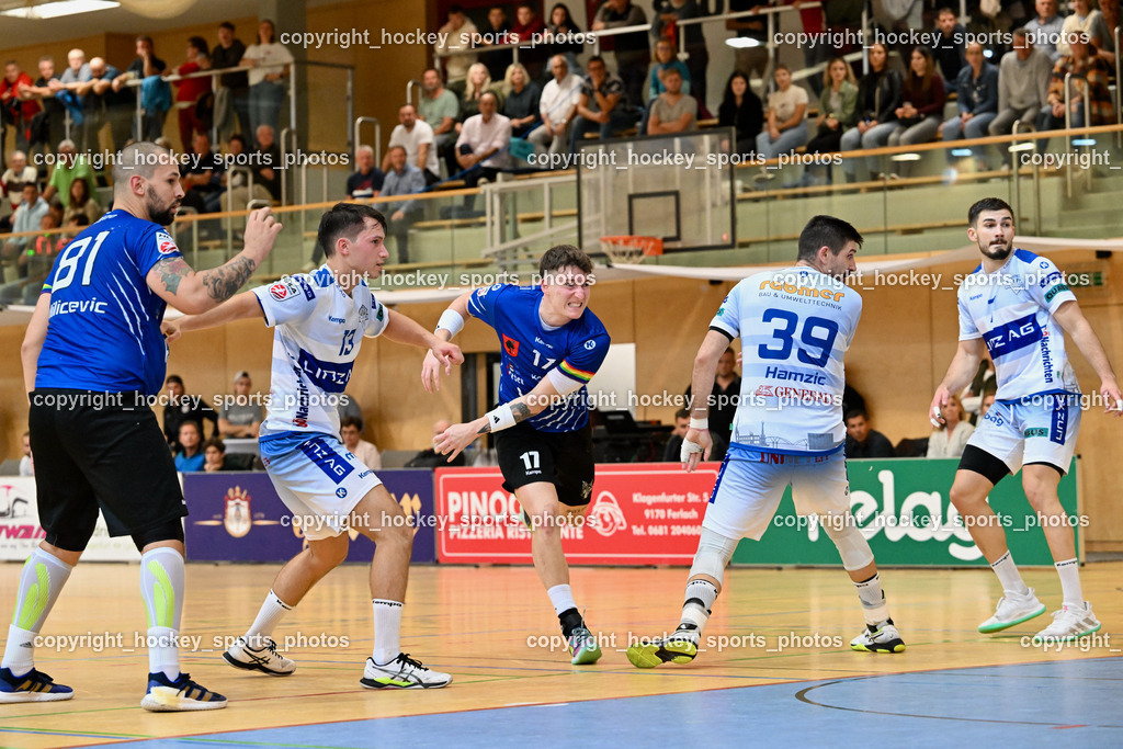 SC Ferlach vs. HC Linz AG 11.10.2023 | #81 MILICEVIC Adrian SC Ferlach, #13 KROPF Jakob HC LINZ, #17 PAVLOV Hari SC Ferlach, #39 HAMZIC Arnad HC LINZ, #7 GRGIC Mislav HC LINZ, SC Ferlach vs. HC Linz AG 11.10.2023, SC Ferlach vs. HC Linz AG am 11.10.2023 in Ferlach (Ballspielhalle Ferlach), Austria, (Photo by Bernd Stefan)