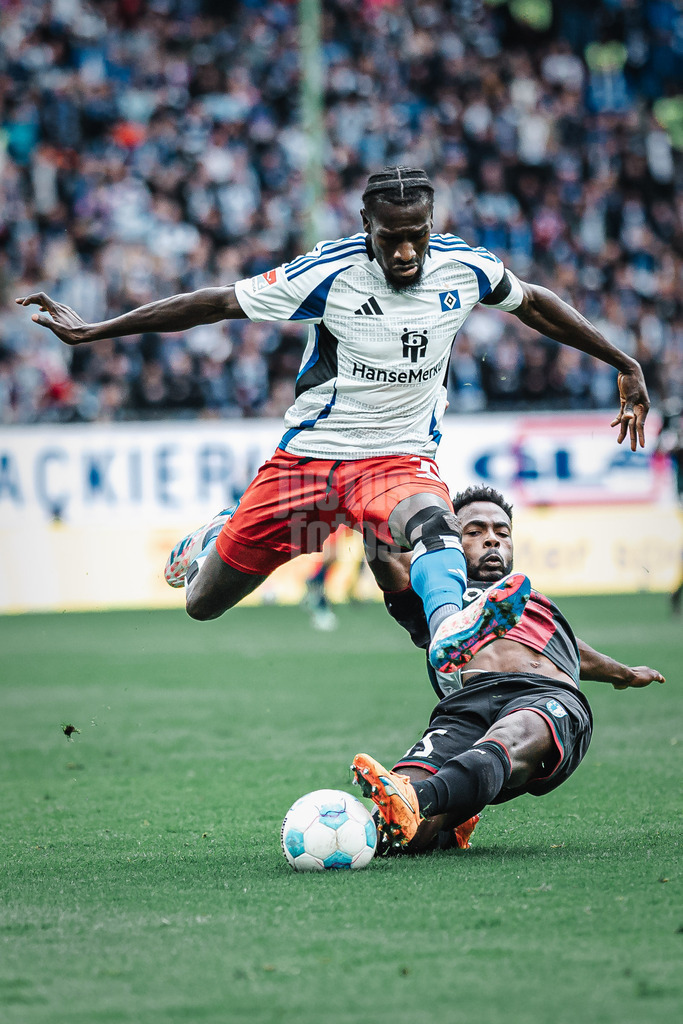 Fußball | Männer | Saison 2024/2025 | 2. Fußball-Bundesliga | 9. Spieltag | Hamburger SV vs. 1. FC Magdeburg | 20.10.2024 | unten Daniel Heber (#15, 1. FC Magdeburg) versucht oben Bakery Jatta (#18, HSV) vom Ball zu trennen