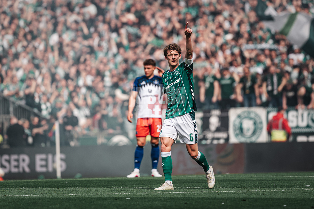 Fußball | Männer | Saison 2025/2026 | 1. Fußball-Bundesliga | 30. Spieltag | SV Werder Bremen vs. Hamburger SV | 18.04.2026 | Torjubel Jens Stage (#06, SV Werder Bremen)