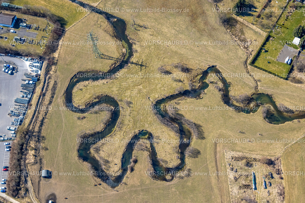 Sundern250304486 | Luftbild, Fluss Sorpe Flussmäander im Sorpetal Hachen, Formen und Farben, Hachen, Sundern, Sauerland, Nordrhein-Westfalen, Deutschland