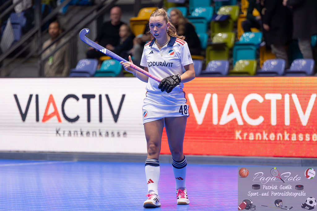 Volvo E.R.B. Final 4 Halbfinale Frauen: Mannheimer HC - Düsseldorfer HC, 25.01.2025 | Charlotte Hendrix (Mannheimer HC #48), Freisteller, Portrait, Porträt, Mannheimer HC - Düsseldorfer HC, Frankfurt, Süwag Arena, 25.1.2025 - Realisiert mit Pictrs.com