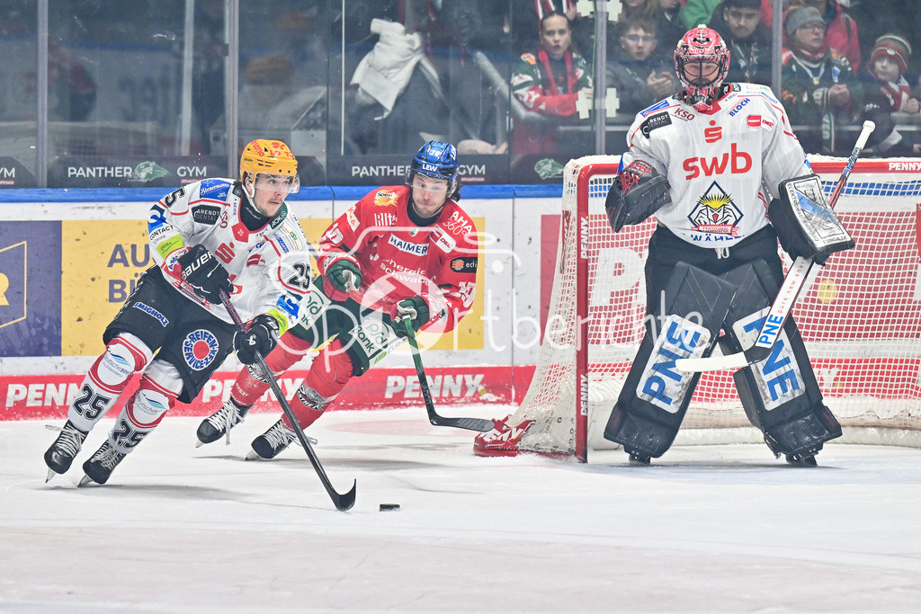 Augsburger Panther - Fischtown Bremerhaven | AUGSBURG, GERMANY - 25. JANUARY: im Duell Fabian HERRMANN (Fischtwon Pinguins 25) und Riley DAMIANI (Augsburger Panther 19) während dem Match zwischen den Augsburger Panthern und den Fischtown Pinguins am 43. Spieltag der Penny DEL im Curt Frenzel Stadion