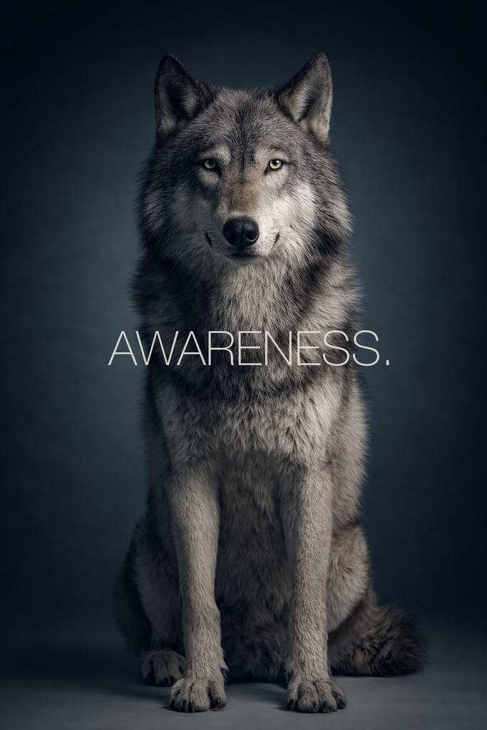 Poster: WILD WITHIN – AWARENESS. | Grauer Wolf sitzt frontal vor kühlem Studiohintergrund und blickt aufmerksam direkt nach vorn. Typografisches Poster aus der Kollektion WILD WITHIN mit dem Wort „AWARENESS.“ - Realisiert mit Pictrs.com