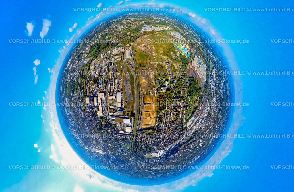 Dortmund241090074HoeschAreal | Luftbild, Gewerbegebiet Westfalenhütte Hoesch Areal, Erdkugel, Fisheye Aufnahme, Fischaugen Aufnahme, 360 Grad Aufnahme, tiny world, little planet, fisheye Bild, Westfalenhütte Gewerbegebiet, Hoesch Areal, Borsigplatz, Dortmund, Ruhrgebiet, Nordrhein-Westfalen, Deutschland