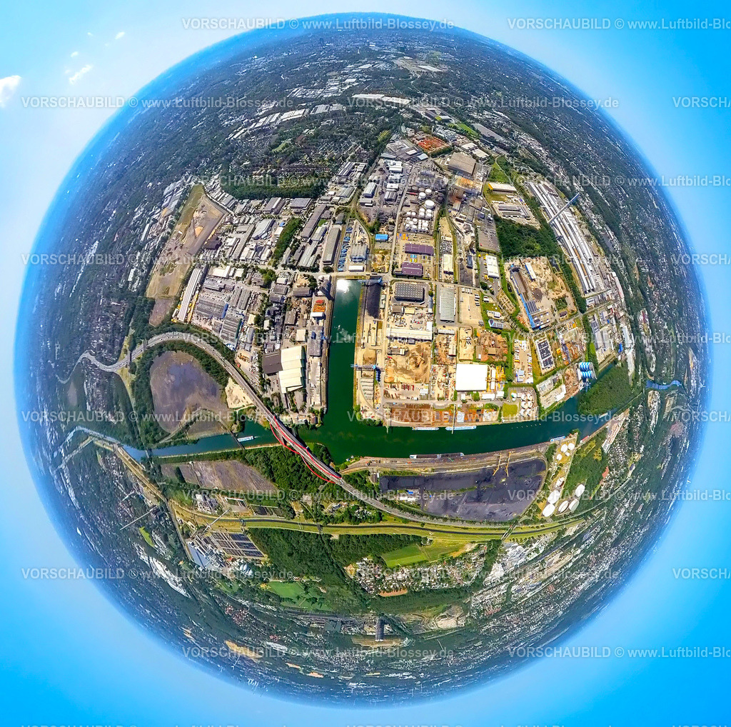 Essen230790065_Hafen | Luftbild, Stadthafen und Gewerbepark Hafenstraße, Rhein-Herne-Kanal, Erdkugel, Fisheye Aufnahme, Fischaugen Aufnahme, 360 Grad Aufnahme, tiny world, Bergeborbeck, Essen, Ruhrgebiet, Nordrhein-Westfalen, Deutschland