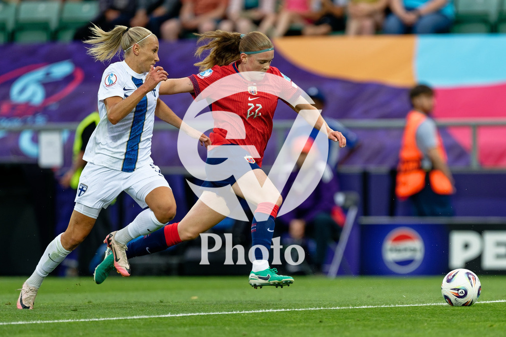 Norway v Finland - UEFA Women's EURO 2025 Group A | SION, SWITZERLAND - JULY 6: Emma Koivisto of Finland (L)  and Signe Gaupset of Norway (R)  fight for possession  during the UEFA Womens EURO 2025 Group A match between Norway and Finland at Stade de Tourbillon on July 6, 2025 in Sion, Switzerland. (Photo by Giuseppe Velletri/Sports Press Photo/Getty Images)