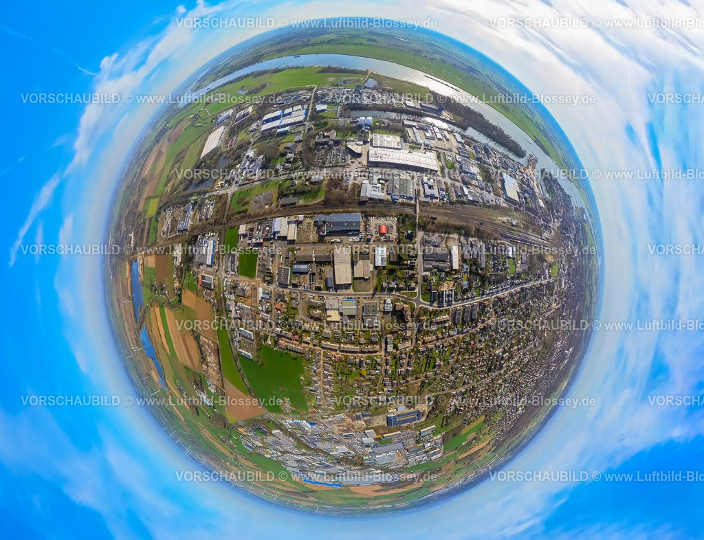 Emmerich240390138GewerbegebietReeserStrasse | Luftbild, Gewerbegebiet Reeser Straße am Hafen Emmerich, Erdkugel, Fisheye Aufnahme, Fischaugen Aufnahme, 360 Grad Aufnahme, tiny world, little planet, fisheye Bild, Emmerich, Emmerich am Rhein, Nordrhein-Westfalen, Deutschland