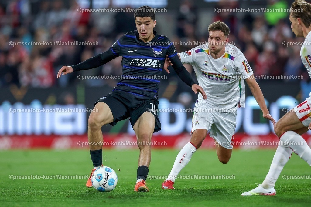 1FC05042501046 | 05.04.2025, Fußball, 1. FC Köln - Hertha BSC, 2.. Fußball Bundesliga, 28. Spieltag, RheinEnergie-STADION, Saison 2024 2025: Ibrahim Maza (Hertha BSC #10) im Zweikampf gegen Luca Waldschmidt (FC Koeln #9) DFB regulations prohibit any use of photographs as image sequences and or quasi-video.