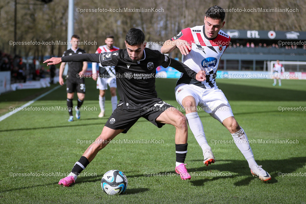 Koe3Liga24022401006 | 24.02.2024, Köln, Fußball, bwin 3. Liga Herren, Sportpark Höhenberg, 27. Spieltag, Saison 2023 2024, FC Viktoria Köln – SV Sandhausen: Livan Burcu (SV Sandhausen) gegen  Stefano Russo (Viktoria Köln). 
DFB regulations prohibit any use of photographs as image sequences and or quasi-video.