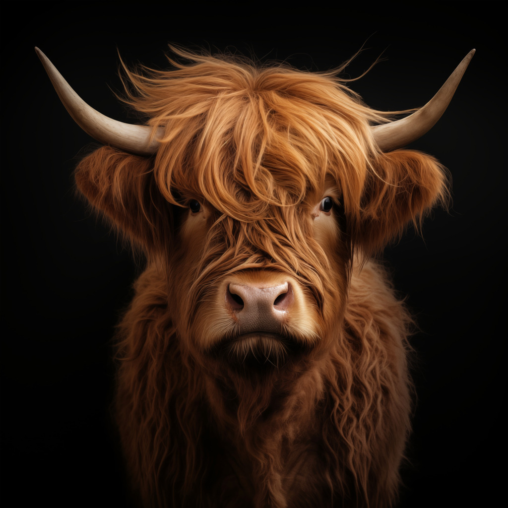 2403007 - Schottisches Hochlandrind im Porträt | Fotorealistisches Porträt eines schottischen Hochlandrinds vor schwarzem Hintergrund.