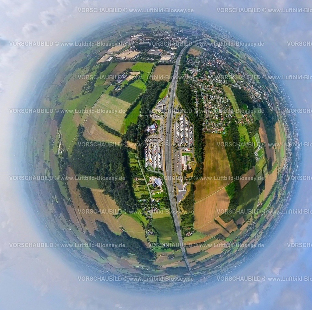 Hamm230990079 Raststaette Rhynern | Luftbild, Autobahn-Raststätte Rhynern an der Autobahn A2, Erdkugel, Fisheye Aufnahme, Fischaugen Aufnahme, 360 Grad Aufnahme, tiny world, Stadtbezirk Rhynern, Hamm, Ruhrgebiet, Nordrhein-Westfalen, Deutschland