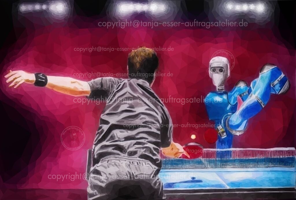 Mensch spielt Ping Pong gegen Roboter | Ein Mensch spielt mit einem einarmigen Roboter Tischtennis. Das Spiel wird in einer Halle ausgetragen. Scheinwerfer beleuchten die Szene. Das Bild besteht aus unzähligen Polygonen. Low Poly Art.