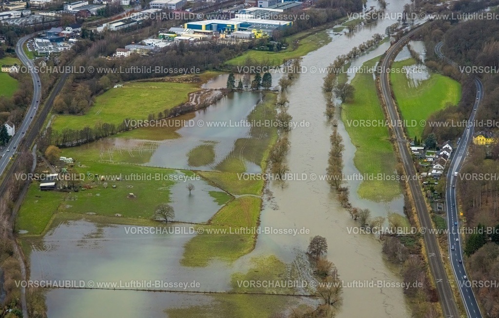 Wetter231201821Ruhr-topaz | Luftbild, Ruhrhochwasser, Weihnachtshochwasser 2023, Fluss Ruhr tritt nach starken Regenfällen über die Ufer, Überschwemmungsgebiet an der Wetterstraße Wengern-Ost, Wetter, Ruhrgebiet, Nordrhein-Westfalen, Deutschland