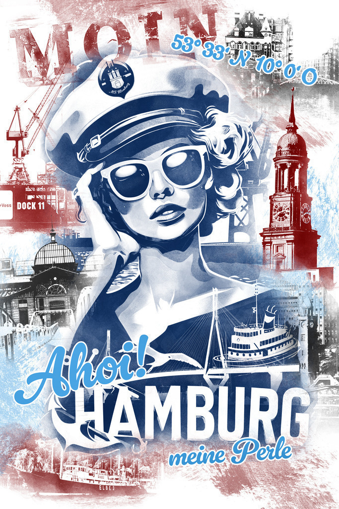 10240306 - Ahoi Hamburg | Moderne Hamburg Collage im Retro-Poster Stil.
