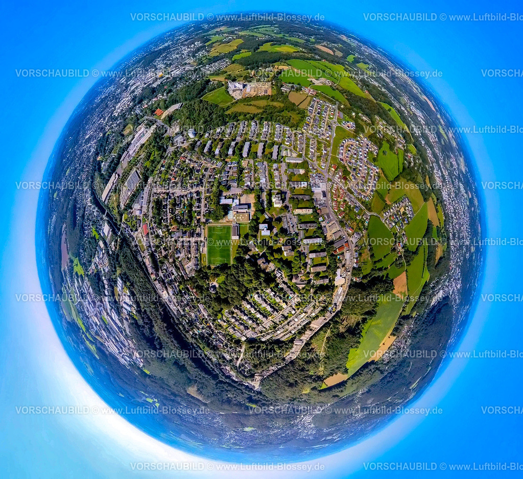 Ennepetal240890799Buettenberg | Luftbild, Wohngebiet Ortsteil Büttenberg, Grundschule und Sportplatz Fußballstadion, Erdkugel, Fisheye Aufnahme, Fischaugen Aufnahme, 360 Grad Aufnahme, tiny world, little planet, fisheye Bild, Büttenberg, Ennepetal, Ruhrgebiet, Nordrhein-Westfalen, Deutschland