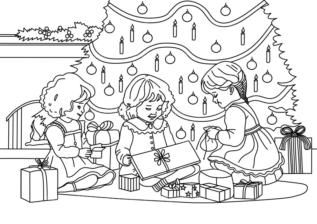 Outlines Weihnachtskinder D | Schöne Grafik zeigt 3 Kinder vor einem Weihnachtsbaum im Wohnzimmer. Die Kinder tragen Kleidung und Frisuren der 30er Jahre. Sie sitzen auf dem Boden und freuen sich über Weihnachtsgeschenke. Schwarze Outlines vor weißem Hintergrund.
