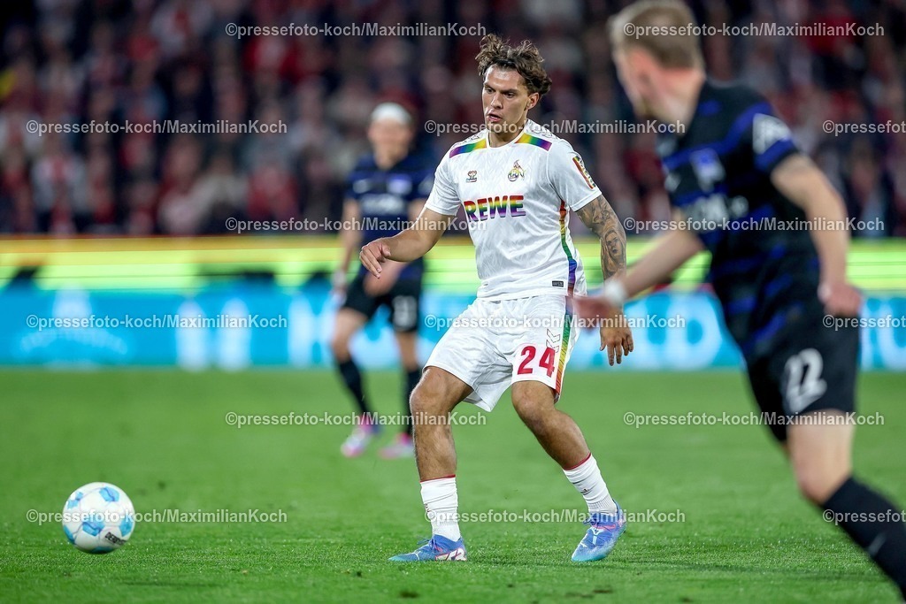 1FC05042502158 | 05.04.2025, Fußball, 1. FC Köln - Hertha BSC, 2.. Fußball Bundesliga, 28. Spieltag, RheinEnergie-STADION, Saison 2024 2025: Julian Pauli (FC Koeln #24) DFB regulations prohibit any use of photographs as image sequences and or quasi-video.