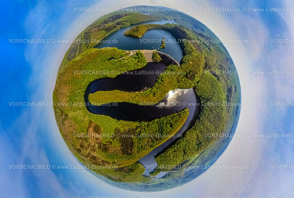 Simmerath240590141Urftsee_Urfttalsperre | Luftbild, Erdkugel, Fisheye Aufnahme, Fischaugen Aufnahme, 360 Grad Aufnahme, tiny world, little planet, fisheye Bild, Fluss Rur, Urftstaumauer - Obersee/Urftsee, Waldgebiet Nordeifel Nationalpark Eifel, Malsbenden, Schleiden, Nordrhein-Westfalen, Deutschland