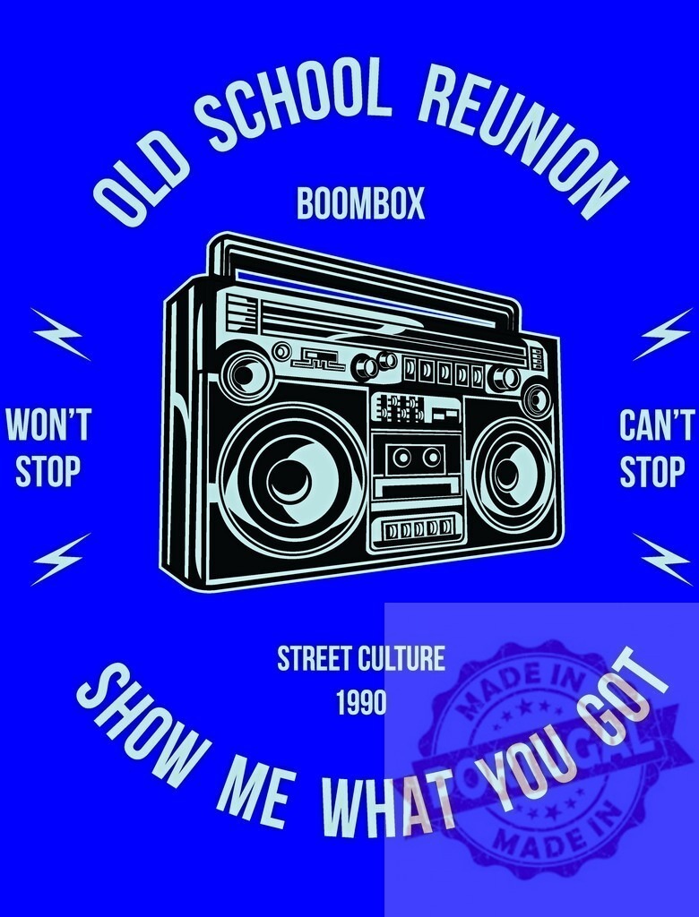 Boombox music celebrating old school street culture. T-Shirt design | Boombox illustration celebrating old school reunion and 90s street culture on blue - Realisiert mit Pictrs.com