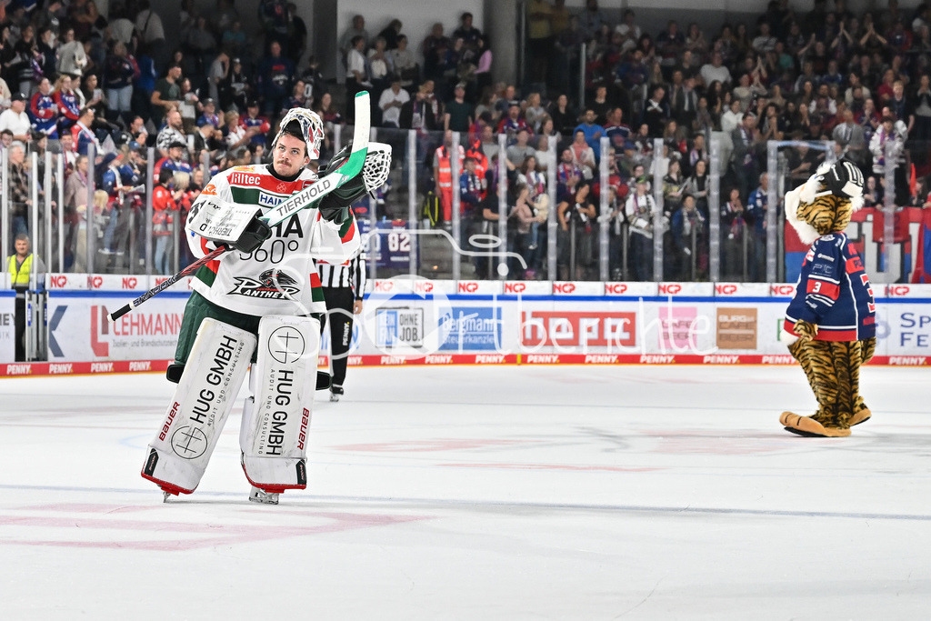 Nürnberg Ice Tigers - Augsburger Panther | bedankt sich bei den mitgereisten Fans - Strauss MANN (Augsburger Panther #38) / Niederlage / Deutsche Eishockey Liga: Nürnberg Ice Tigers - Augsburger Panther, Arena Nürnberger Versicherung am 22.09.2024