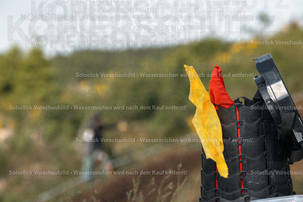 Abenteuer im Grünen | Das Bild zeigt einen schwarzen Rucksack, aus dem ein gelbes und ein rotes Flagge herausragen. Der Rucksack steht auf einer grasbewachsenen Fläche vor einem Hintergrund aus dichtem Grün, vermutlich Bäume oder Büsche. Im Hintergrund sind zwei Personen zu sehen, die sich in der Ferne befinden. Das Bild wirkt ruhig und friedlich. - Realisiert mit Pictrs.com