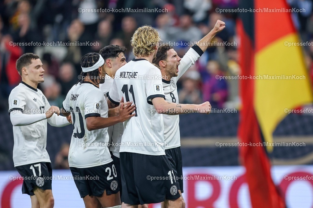 DFB10102502161 | 10.10.2025, Fußball, Länderspiel, Deutschland - Luxemburg, UEFA WM-Qualifikation, 2025/2026, Gruppe A, PreZero Arena in Sinsheim: Torjubel nach dem Tor zum 2:0 durch Torschütze Joshua Kimmich (GER #06) nach Elfmeter  zusammen mit Serge Gnabry (GER #20) Nick Woltemade (GER #11) Leon Goretzka (GER #08) . DFB regulations prohibit any use of photographs as image sequences and or quasi-video