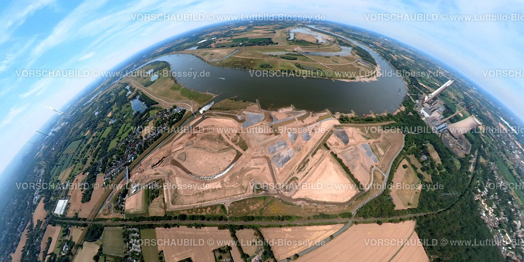 Voerde20220712_4Emschermuendung | Luftbild, Renaturierung Emschermündung, Fallbauwerk Emschermündung, Fluss Rhein und Rheinaue Auenlandschaft, Binnenschifffahrt, Möllen, Voerde, Ruhrgebiet, Nordrhein-Westfalen, Deutschland  