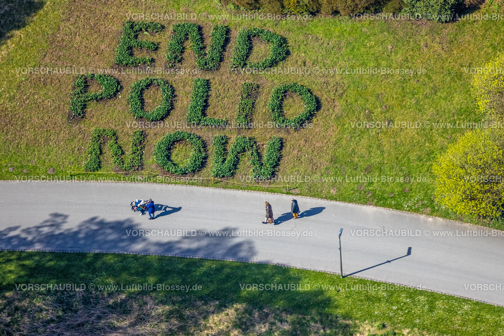 Dortmund220400357 | Luftbild, Rotary weltweite Aktion gegen Kinderlähmung, Polio, End Polio Now Spruch auf Wiese im  Rombergpark, Rombergpark-Lücklemberg, Dortmund, Ruhrgebiet, Nordrhein-Westfalen, Deutschland