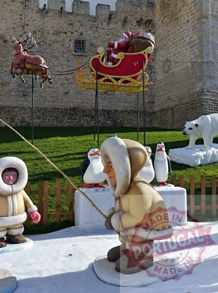 Christmas, arctic and antarctic characters gathering near a castle | Santa claus flying on his sleigh pulled by reindeer, an eskimo fishing, penguins and a polar bear near a castle - Realized with Pictrs.com