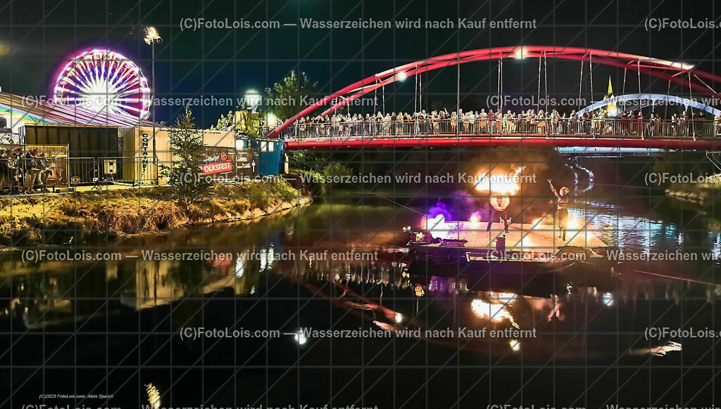 0525_Luftbild_VOLKSFEST-Wlbg_InselFeuer-Show | (C)FotoLois.com, Alois Spandl, Luftbild, Wieselburger VOLKSFEST neu, Feuershow auf der Erlaufinsel unter den Brücken, Do 29. Juni 2023.
