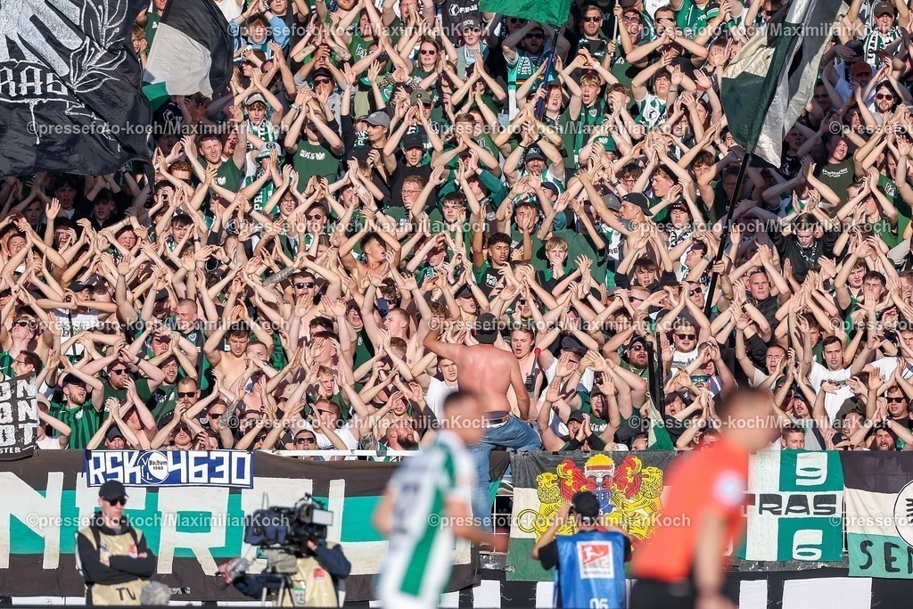 SCP09052501058 | 09.05.2025, Fußball, Preußen Münster - Hertha BSC, 2. Fußball Bundesliga, 33. Spieltag, Preußenstadion, Saison 2024 2025: Fans in der Reußenkurve Ultras DFB regulations prohibit any use of photographs as image sequences and or quasi-video.