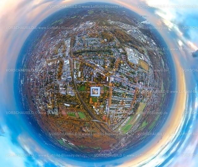 Gelsenkirchen231190114BuerLoechterschule-topaz | Luftbild, Wohnhäuser mit Loechterschule und Glückauf-Schule LWL-Förderschule, Siedlung Spinnstuhl, umgeben von herbstlichen Laubbäumen, Erdkugel, Fisheye Aufnahme, Fischaugen Aufnahme, 360 Grad Aufnahme, tiny world, little planet, fisheye Bild, Buer, Gelsenkirchen, Ruhrgebiet, Nordrhein-Westfalen, Deutschland