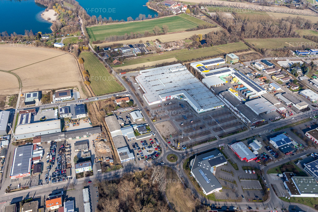Luftbild: Industriegebiet Nachtweide, E center Stiegler im Ortsteil Ludwigshof in Speyer im Bundesland Rheinland-Pfalz in Deutschland. Foto: IMG_125906.jpg vom 07.03.2021 durch Werner Riehm/FLY-FOTO.de