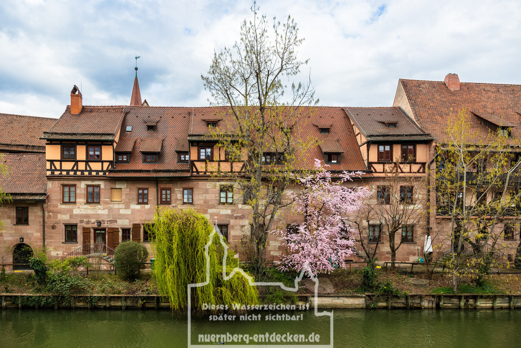 Monatsbild des Kalender 2025 für den Monat März | Die Bäume und Büsche in der Nürnberger Altstadt bringen Farbe hier auf die histroische Häuserfront des Heilig-Geist-Spital auf der Insel in der Pegnitz, welche durch die Innenstadt fließt. - Realisiert mit Pictrs.com