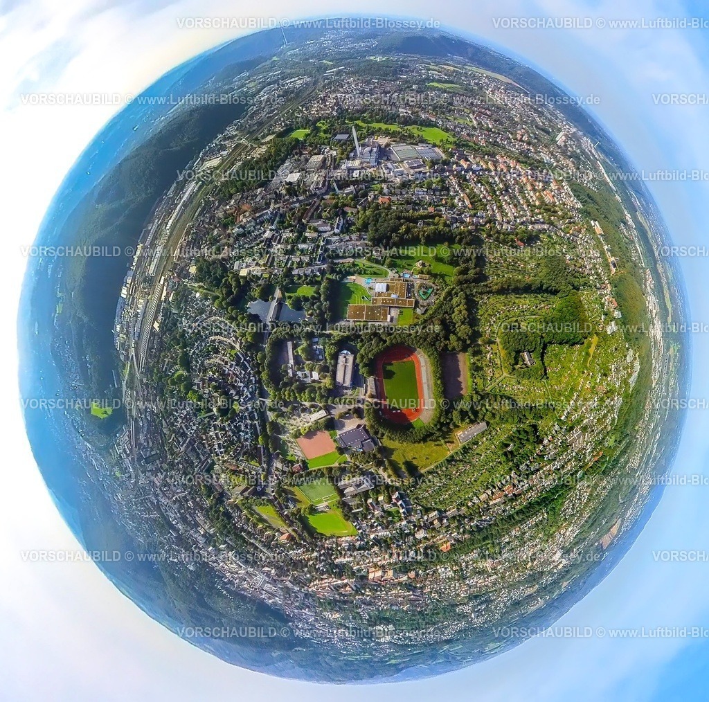 Hagen230990034 Ischeland | Luftbild, Ischeland Sportpark, Ischelandstadion, Westfalenbad, Krollmann Arena, Erdkugel, Fisheye Aufnahme, Fischaugen Aufnahme, 360 Grad Aufnahme, tiny world, Altenhagen, Hagen, Ruhrgebiet, Nordrhein-Westfalen, Deutschland